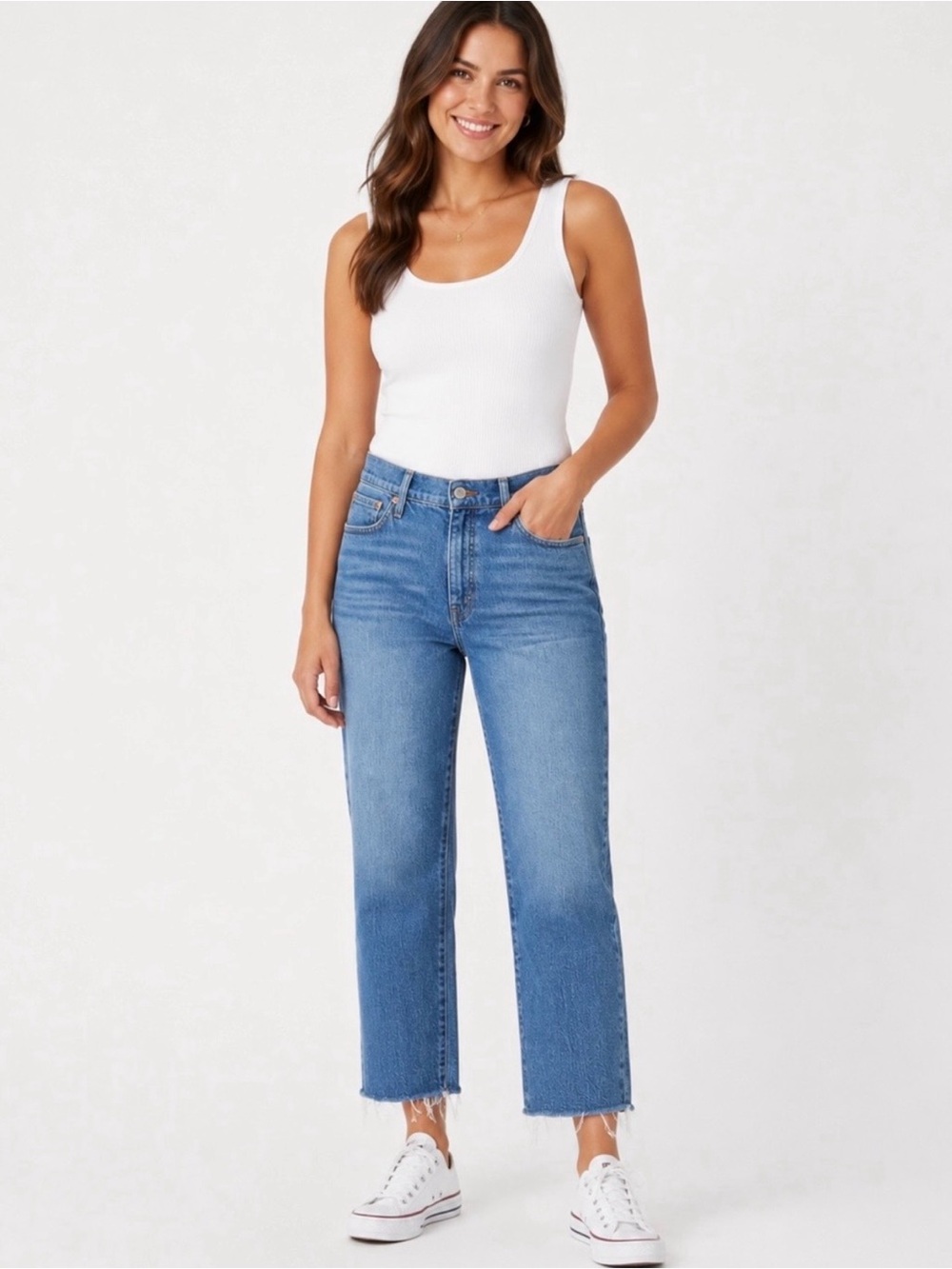 J. CREW High Rise Essential Straight Raw Hems Ankle Jeans Medium Blue Sz. 33